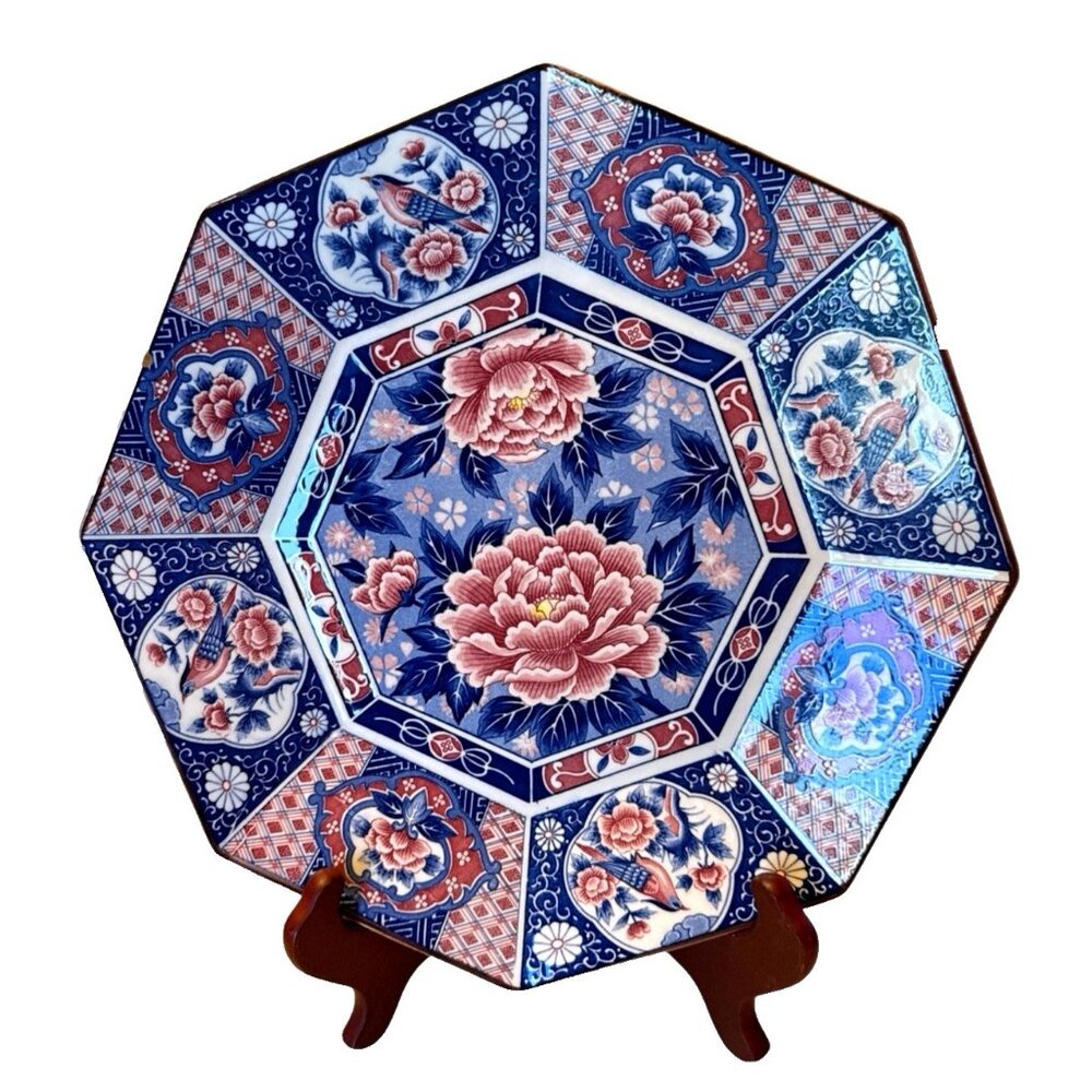 Vtg 1989 Albert Kessler Bird & Flower Blue & Pink Octagon Plate Tray 12.5 Japan.